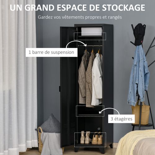 Armoire Vestiaire Métal Design Industriel - Barre Penderie, 3 Étagères - Métal Noir