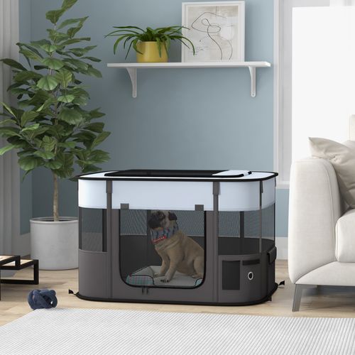 Parc Pliable Pour Chien En Tissu Oxford - Fenêtres, Portes, Sac Rangement - Gris Noir