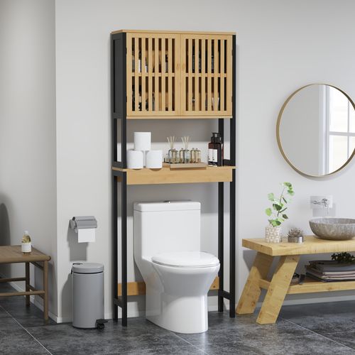 Meuble Étagère Dessus Wc - 2 Portes, 2 Étagères - Mdf Noir Bois Bambou Verni
