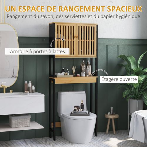 Meuble Étagère Dessus Wc - 2 Portes, 2 Étagères - Mdf Noir Bois Bambou Verni