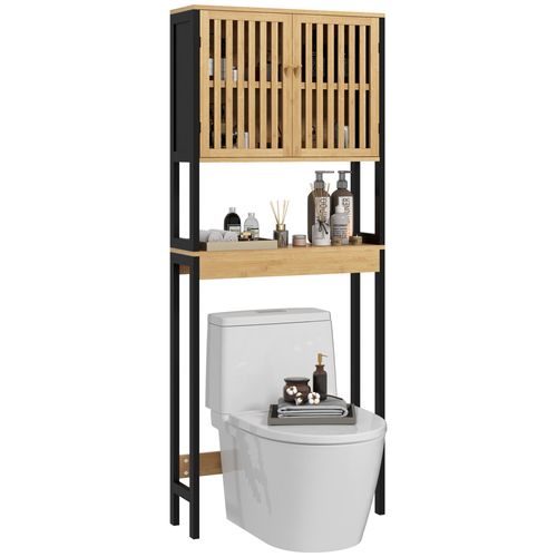 Meuble Étagère Dessus Wc - 2 Portes, 2 Étagères - Mdf Noir Bois Bambou Verni