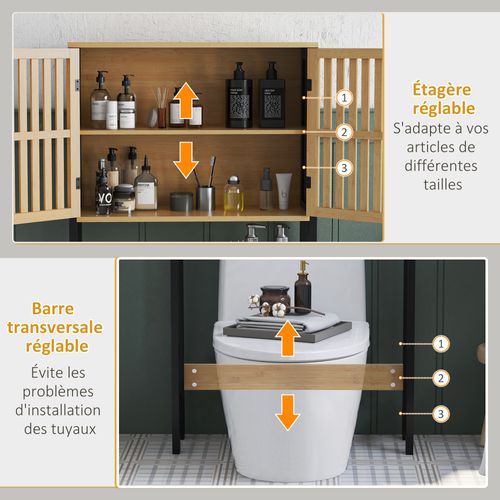 Meuble Étagère Dessus Wc - 2 Portes, 2 Étagères - Mdf Noir Bois Bambou Verni