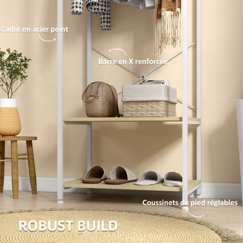 Vestiaire D'entrée 2 Étagères Tringle Acier Blanc Aspect Bois Clair