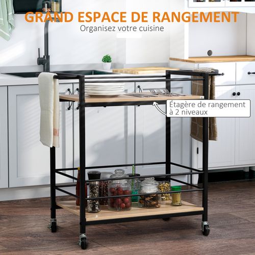 Desserte De Cuisine Design Industriel - Plateau, Étagère - Acier Noir Aspect Bois Clair