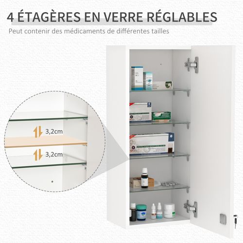 Armoire à Pharmacie Murale Verrouillable - 5 Niveaux - Verre Panneaux Blanc