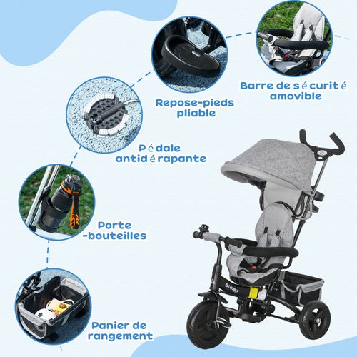 Tricycle Enfant Évolutif Pare-soleil Pliable Canne Télescopique Amovible Acier