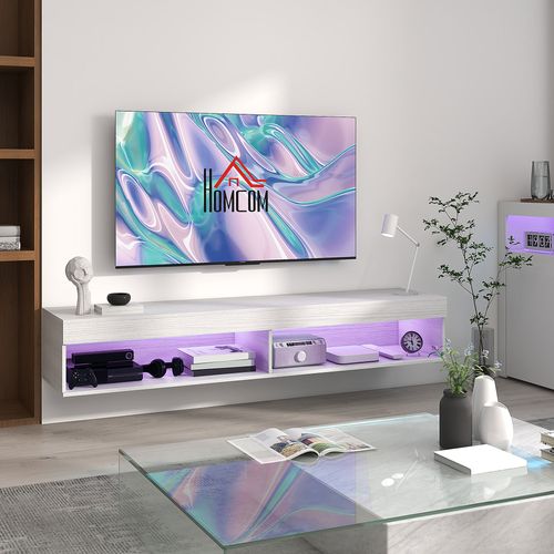 Meuble TV Design LED Suspendu Mural - 2 Niches - Aspect Bois Blanc