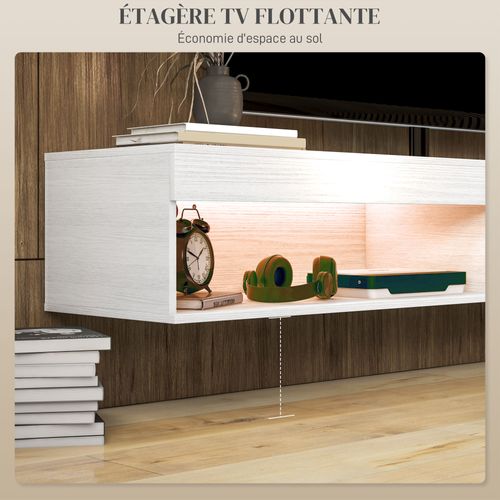 Meuble TV Design LED Suspendu Mural - 2 Niches - Aspect Bois Blanc