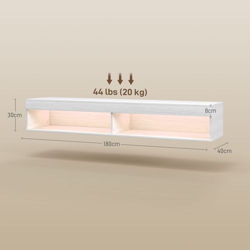 Meuble TV Design LED Suspendu Mural - 2 Niches - Aspect Bois Blanc