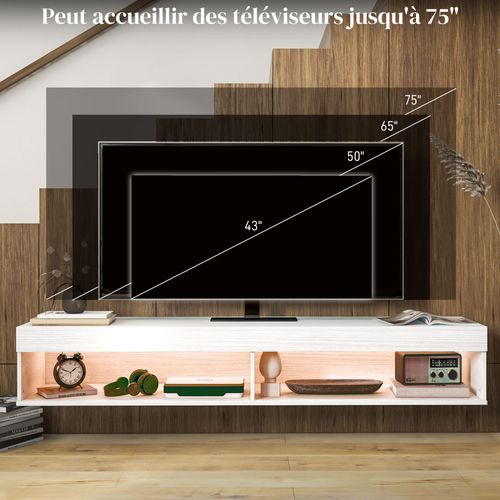 Meuble TV Design LED Suspendu Mural - 2 Niches - Aspect Bois Blanc