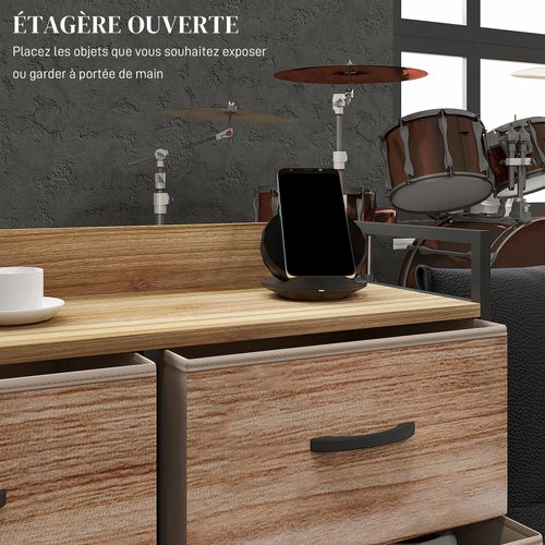 Commode 8 Tiroirs Et Étagère - Dim. 79l X 29l X 101h Cm - Métal Noir Non Tissé Aspect Bois