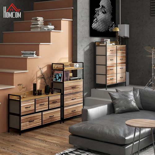 Commode 8 Tiroirs Et Étagère - Dim. 79l X 29l X 101h Cm - Métal Noir Non Tissé Aspect Bois