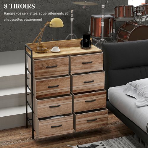 Commode 8 Tiroirs Et Étagère - Dim. 79l X 29l X 101h Cm - Métal Noir Non Tissé Aspect Bois