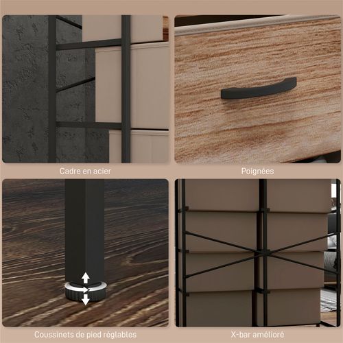 Commode 8 Tiroirs Et Étagère - Dim. 79l X 29l X 101h Cm - Métal Noir Non Tissé Aspect Bois