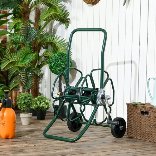 Dévidoir Chariot Métal Sur 2 Roues 30m - Enrouleur Tuyau D'arrosage - Métal Vert