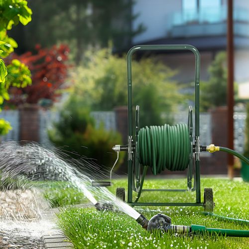 Dévidoir Chariot Métal Sur 2 Roues 30m - Enrouleur Tuyau D'arrosage - Métal Vert