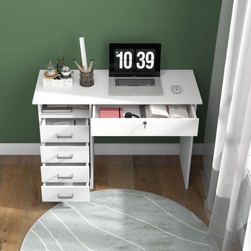 Bureau Multimédia Multi-rangement 5 Tiroirs Niche Blanc
