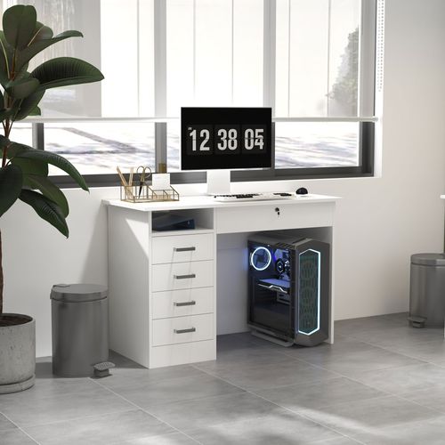 Bureau Multimédia Multi-rangement 5 Tiroirs Niche Blanc