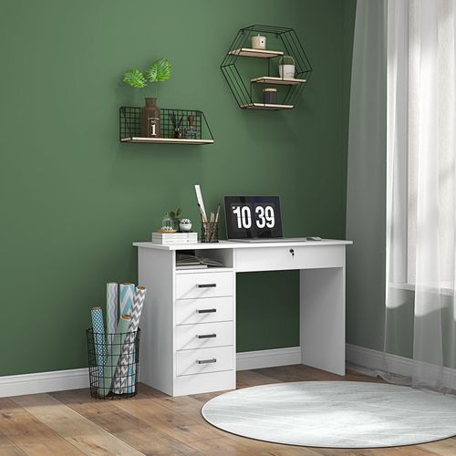 Bureau Multimédia Multi-rangement 5 Tiroirs Niche Blanc
