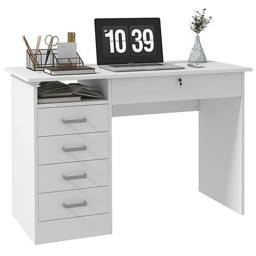 Bureau Multimédia Multi-rangement 5 Tiroirs Niche Blanc