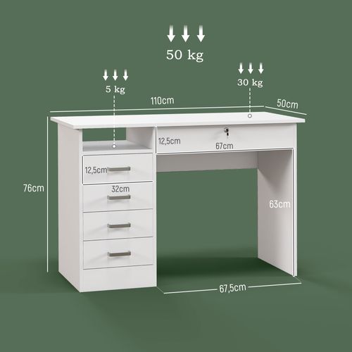 Bureau Multimédia Multi-rangement 5 Tiroirs Niche Blanc