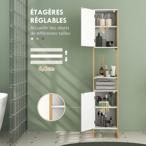 Meuble Colonne Salle De Bain 2 Niches 2 Portes Étagère H.170 Cm Bambou Blanc