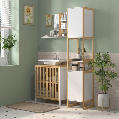 Meuble Colonne Salle De Bain 2 Niches 2 Portes Étagère H.170 Cm Bambou Blanc