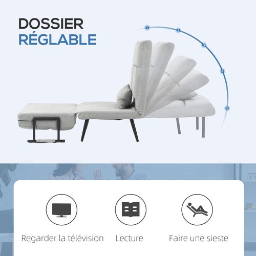 Fauteuil Chauffeuse Canapé-lit Convertible 1 Place Velours Gris Clair