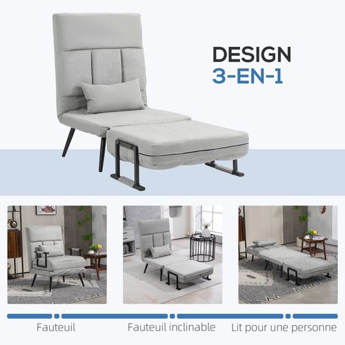 Fauteuil Chauffeuse Canapé-lit Convertible 1 Place Velours Gris Clair