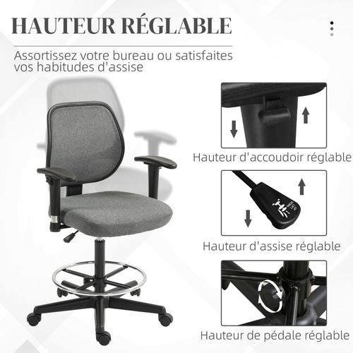 Chaise De Bureau Assise Haute Réglable Pivotante Tissu Gris Chiné