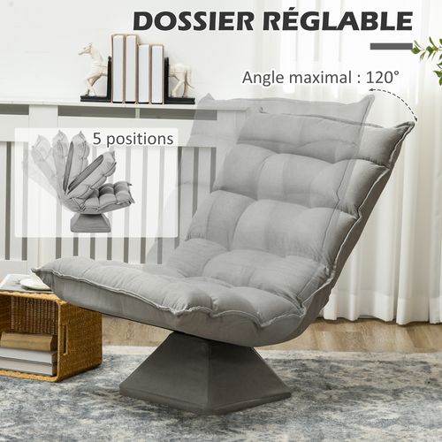 Fauteuil Relax Pivotant Inclinable Tissu Velours Microfibre Gris Clair