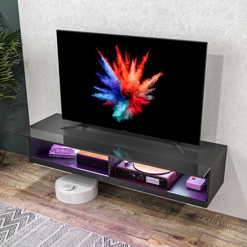 Meuble TV Mural LED Flottant - 2 Portes Battantes