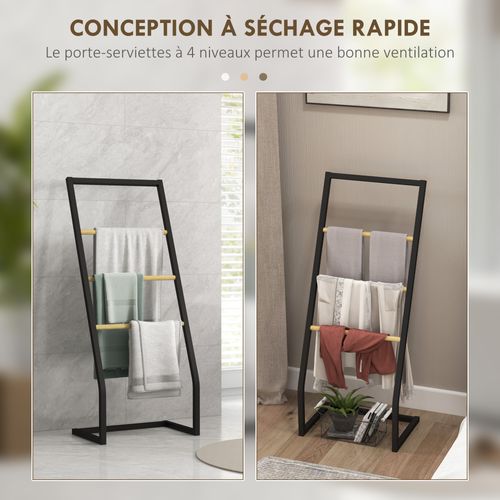 Porte-serviettes Sur Pieds En Bambou Et Acier Avec 4 Barres Support