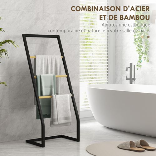 Porte-serviettes Sur Pieds En Bambou Et Acier Avec 4 Barres Support