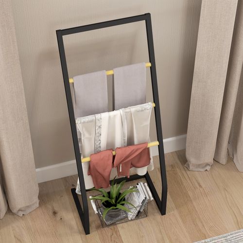 Porte-serviettes Sur Pieds En Bambou Et Acier Avec 4 Barres Support
