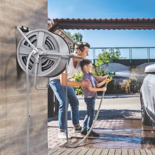 Dévidoir Sur Pied Ou Mural - Enrouleur Tuyau 40 M - Gris