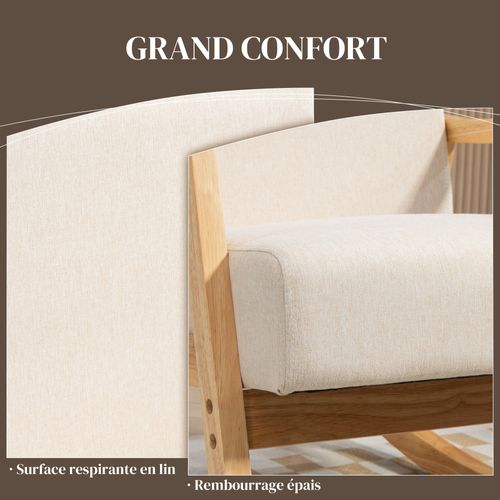 Fauteuil Lounge à Bascule Rocking Chair Bois Hévéa Coussins Beige