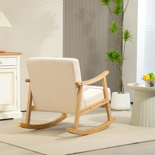 Fauteuil Lounge à Bascule Rocking Chair Bois Hévéa Coussins Beige