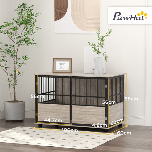 Cage Chien Style Industriel Avec Porte Acier Noir Aspect Bois