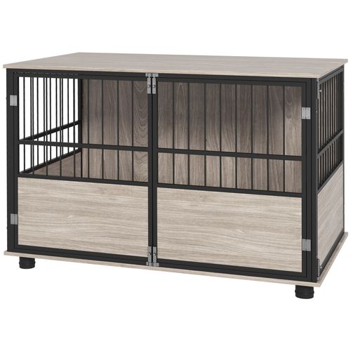 Cage Chien Style Industriel Avec Porte Acier Noir Aspect Bois