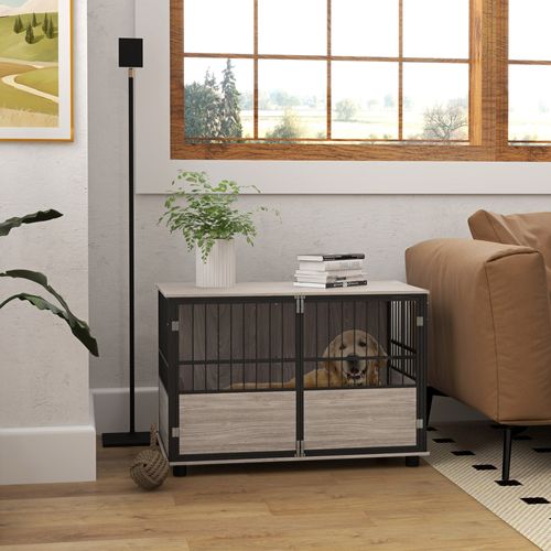 Cage Chien Style Industriel Avec Porte Acier Noir Aspect Bois