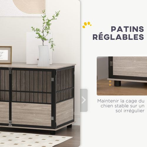 Cage Chien Style Industriel Avec Porte Acier Noir Aspect Bois
