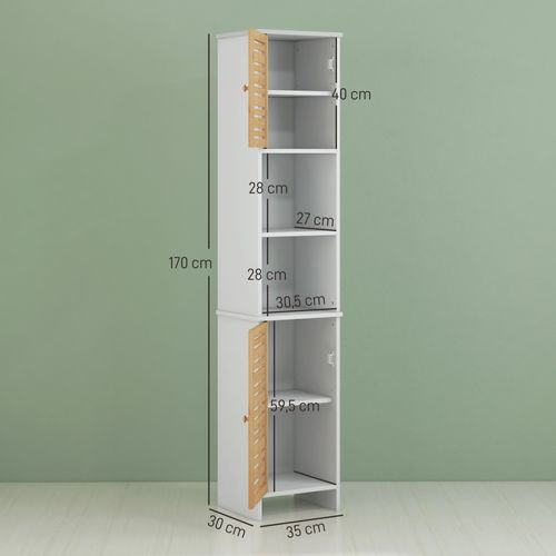 Meuble Colonne Salle De Bain Style Cosy Chic 2 Portes Étagères Niches Blanc Bambou