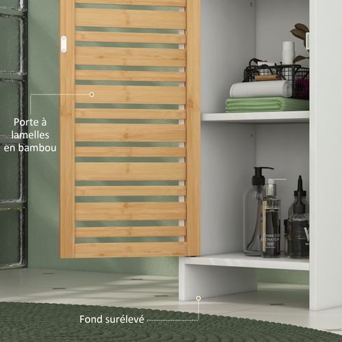 Meuble Colonne Salle De Bain Style Cosy Chic 2 Portes Étagères Niches Blanc Bambou