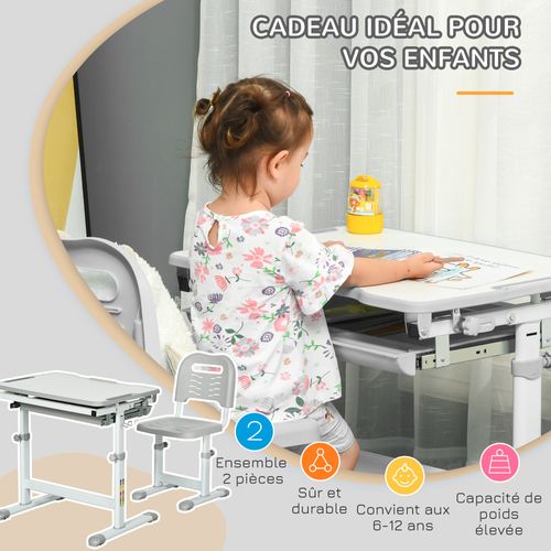 Ensemble Bureau Chaise Enfant Réglable Gris Blanc