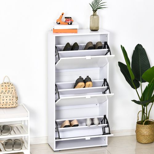 Meuble à Chaussures 3 Portes Abattantes 3 Compartiments Blanc Laqué