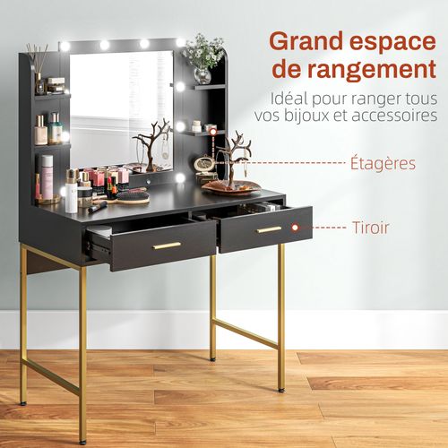Ensemble Coiffeuse Miroir LED Tabouret Style Art Déco Multi-rangement