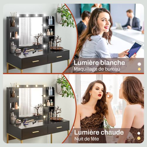 Ensemble Coiffeuse Miroir LED Tabouret Style Art Déco Multi-rangement