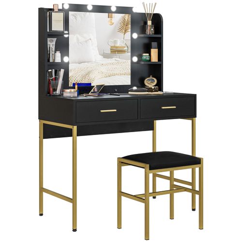 Ensemble Coiffeuse Miroir LED Tabouret Style Art Déco Multi-rangement