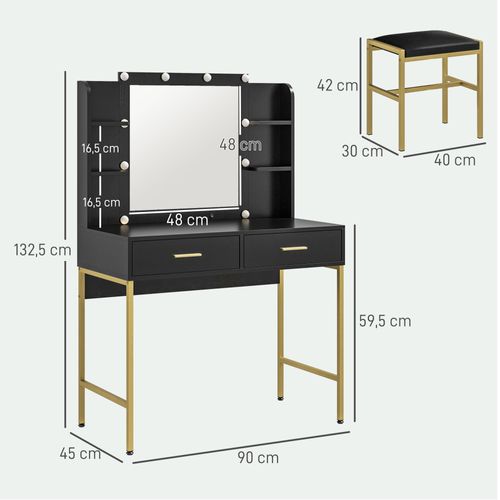 Ensemble Coiffeuse Miroir LED Tabouret Style Art Déco Multi-rangement